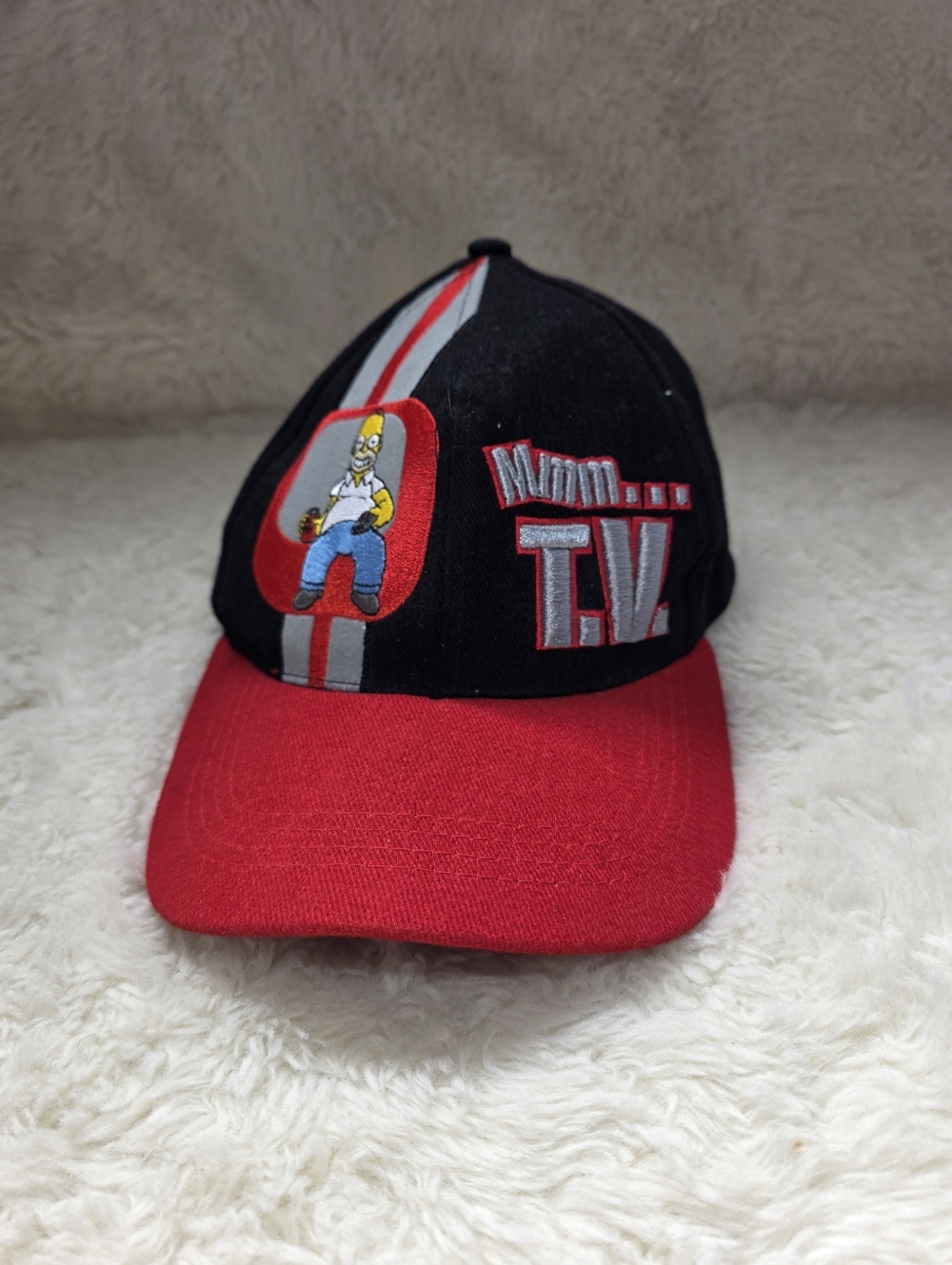 Vintage 2002 Simpsons Homer Mmm TV Racing Stripe Strapback Hat Y2K Embroidered